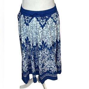 J Gee vintage midi twirl skirt, cotton, floral abstract print, blue & white Sz L